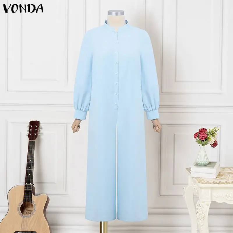 

ZANZEA Women Long Jumpsuits Fashion 2026 Summer Long Sleeve Solid Rompers Casual Stand Collar Loose Overalls Streetwear Work