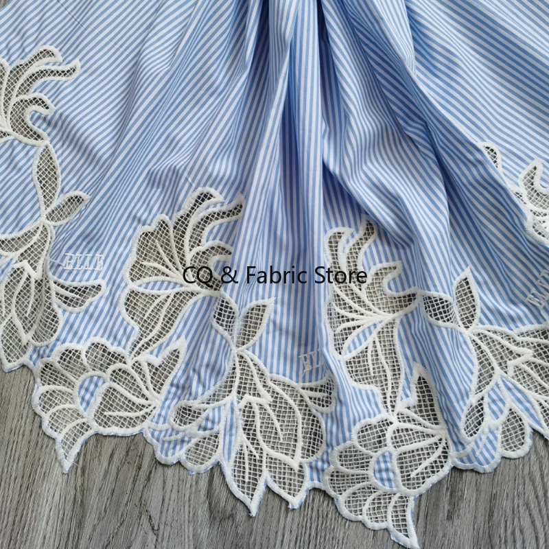 Blue Yarn-dyed Cloth Skirt Bilateral Floral Embroidery Cotton Fabric By The Meter