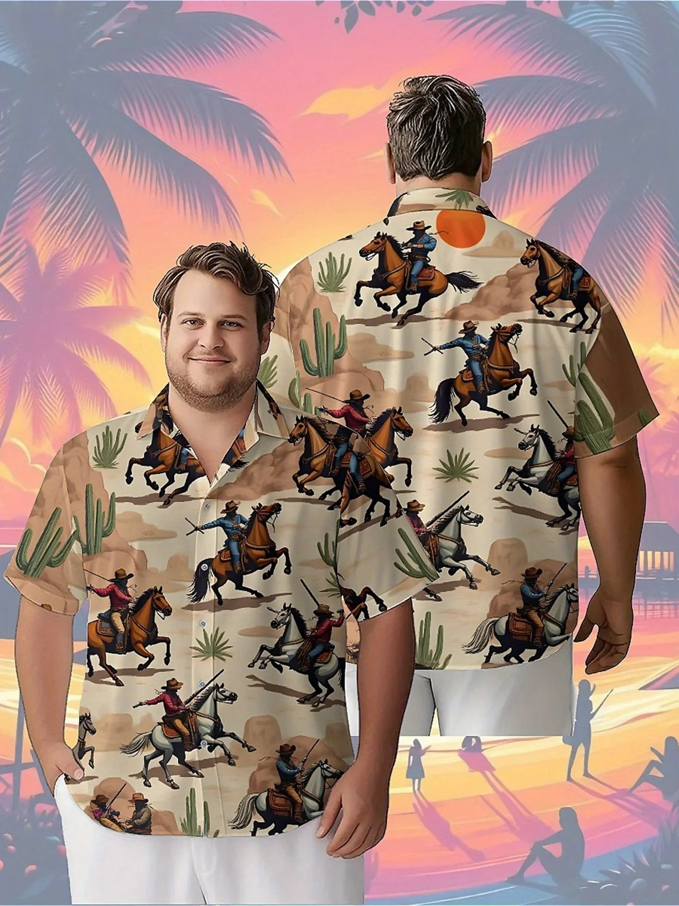 

Men's Plus Size Hawaiian Shirts Western Cowboy Adventure Theme pattern,Unisex Baggy Aloha Shirts,summer Alternative Clothing