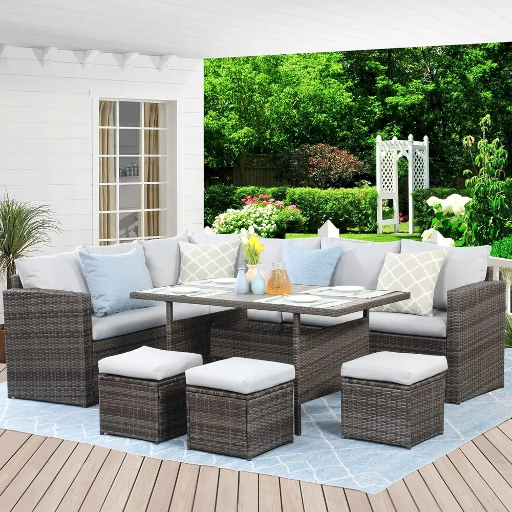 Patio Furniture Set - 7 Piece Wicker Rattan Outdoor Dining Set with Table, Chairs, Ottomans, Sectional, Grey