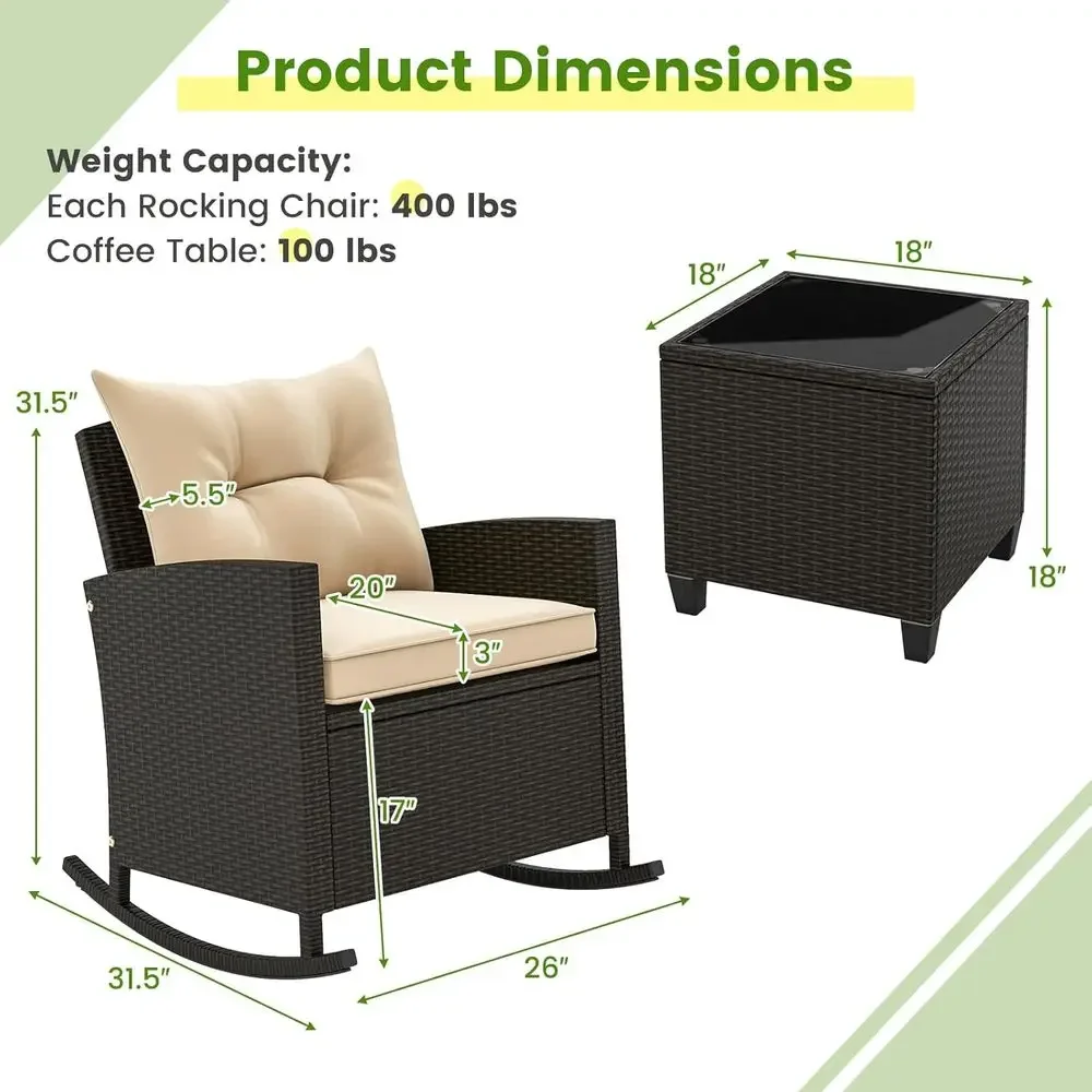 3-Piece Outdoor Wicker Rocking Bistro Set with Glass Table, Suitable for Porch, Balcony, Deck, Poolside (Mix Brown-Beige) view 6
