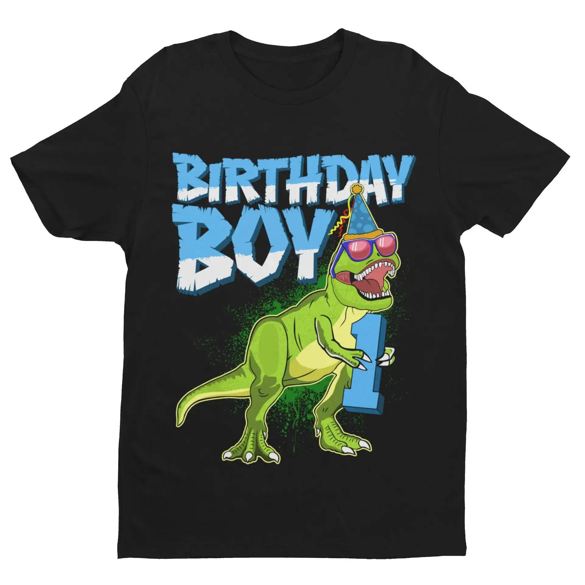 Babys 1st Birthday T Shirt Boy with a dinosaur holding number one for babies first birthdays