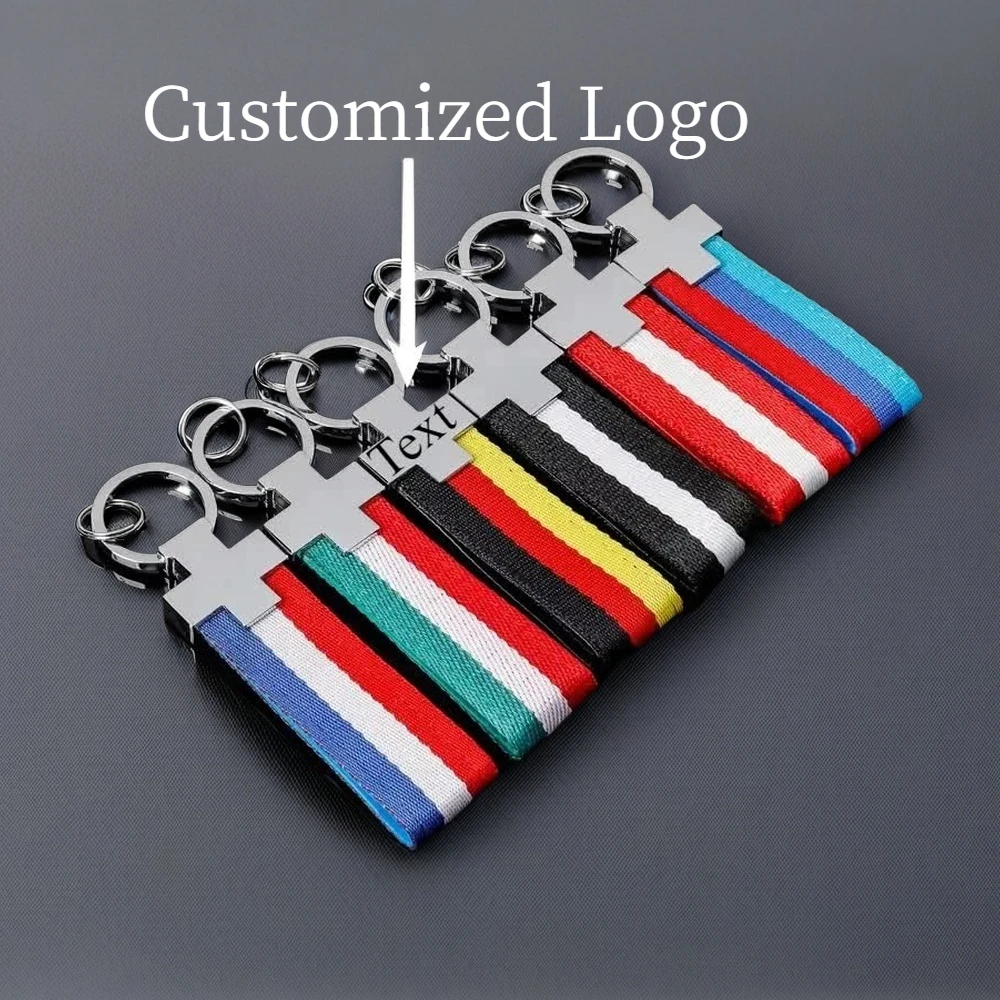 

Customized Three Color Nylon Ribbon Laser Engrave Car Logo Chain Automotive Metal Keychain Pendant Personalized Key Ring Gift