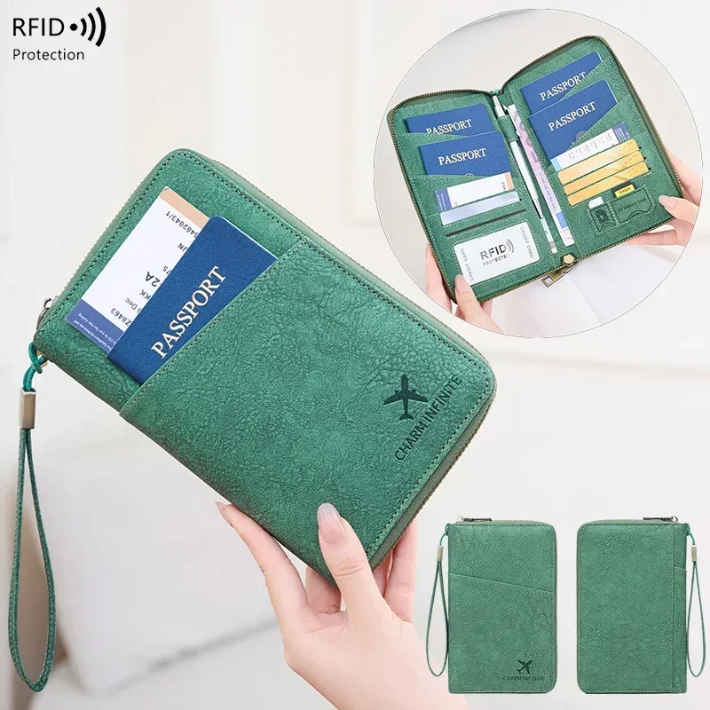 

Long RFID Anti-Magnetic Passport Wallet Travel Ticket Storage Organizer PU Leather Zipper Closure Multifunctional Travel Bag