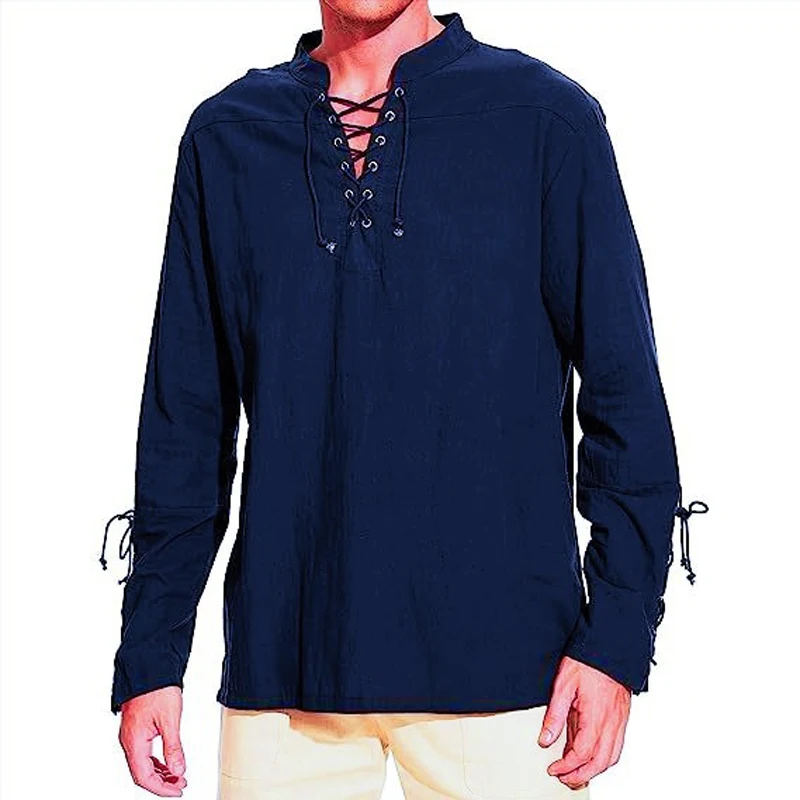 Mens Cotton Henley Shirt Fashion Solid Color Long Sleeve Lace Up Medieval Pirate Shirt Vintage Casual Tops Beach T-shirt