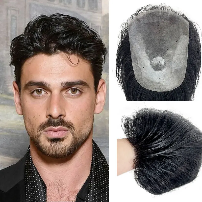 15*20cm PU Men\'s Capillary Prothesis Soft Invisible Toppers 100% Human Hair Ultra Thin Breathable Natural Slicked Back Style