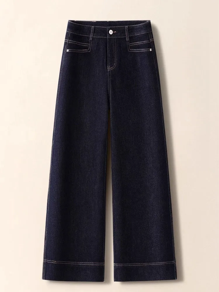 ディープブルー プラスサイズ デニムジーンズ レディース ハイウエスト ストレートレッグ ワイドレッグパンツ 秋 ファッション カジュアル スタイリッシュ 快適なフィット感
