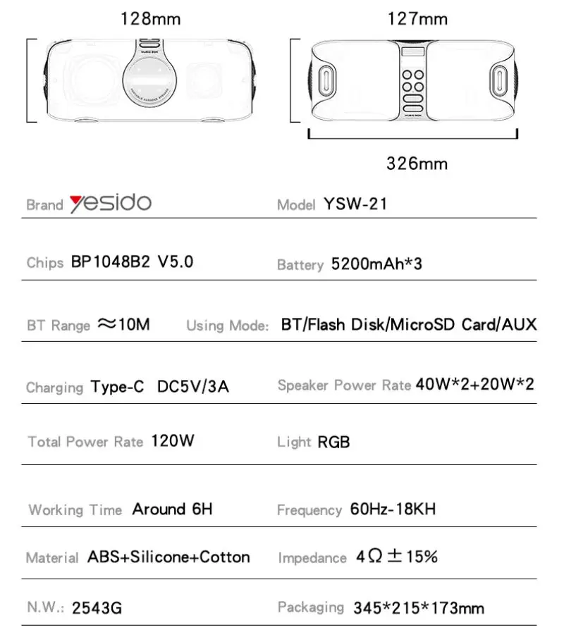 Yesido-Haut-parleur sans fil avec microphone UHF, lumière RVB, YSW21, BTpig, 120W, injuste