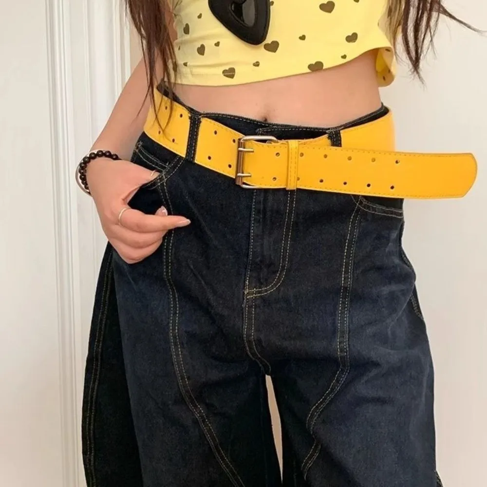 

American Versatile Women's Belt Double-Breasted Y2k Wide Waist Belt Yellow Leather Dress Jeans Belt Spicy Girls