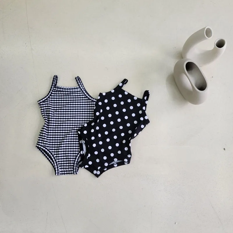 2024 New Baby Kid's One-piece Swimwear With Hat Toddler Girl's Dot Floral Suspenders Swimming Suit Summer Beach Wear