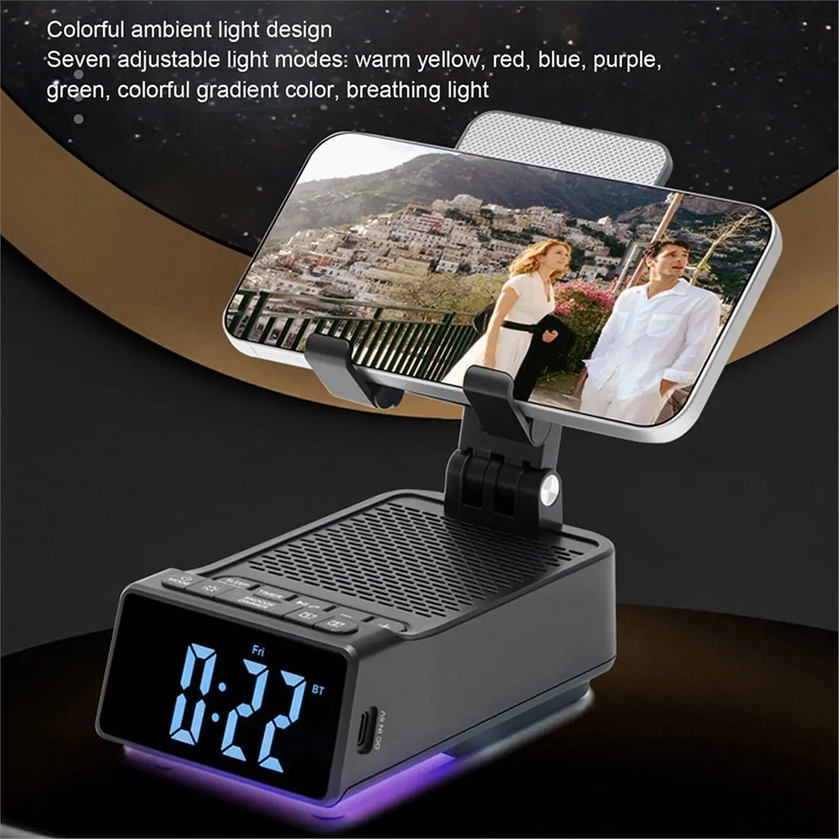 

Stable- Desktop Phone Holder Bluetooth Alarm Clock Wireless Speaker Cell Phone Stand 7 Lighting Modes 180° Rotation for Home