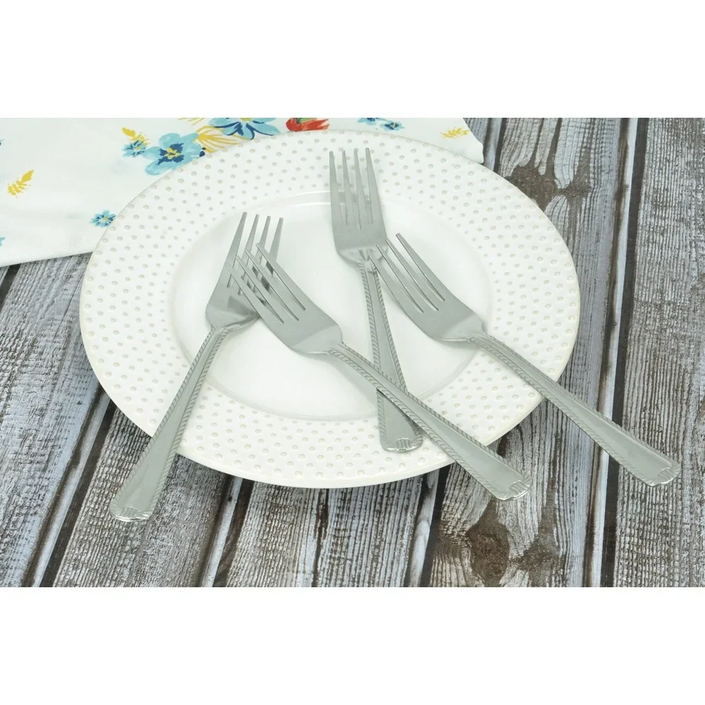 طقم شوك عشاء من الفولاذ المقاوم للصدأ مكون من 8 قطع، تصميم من الدانتيل، مقابض مريحة، آمنة للاستخدام في غسالة الأطباق، عدد 4 أدوات مائدة فضية #4