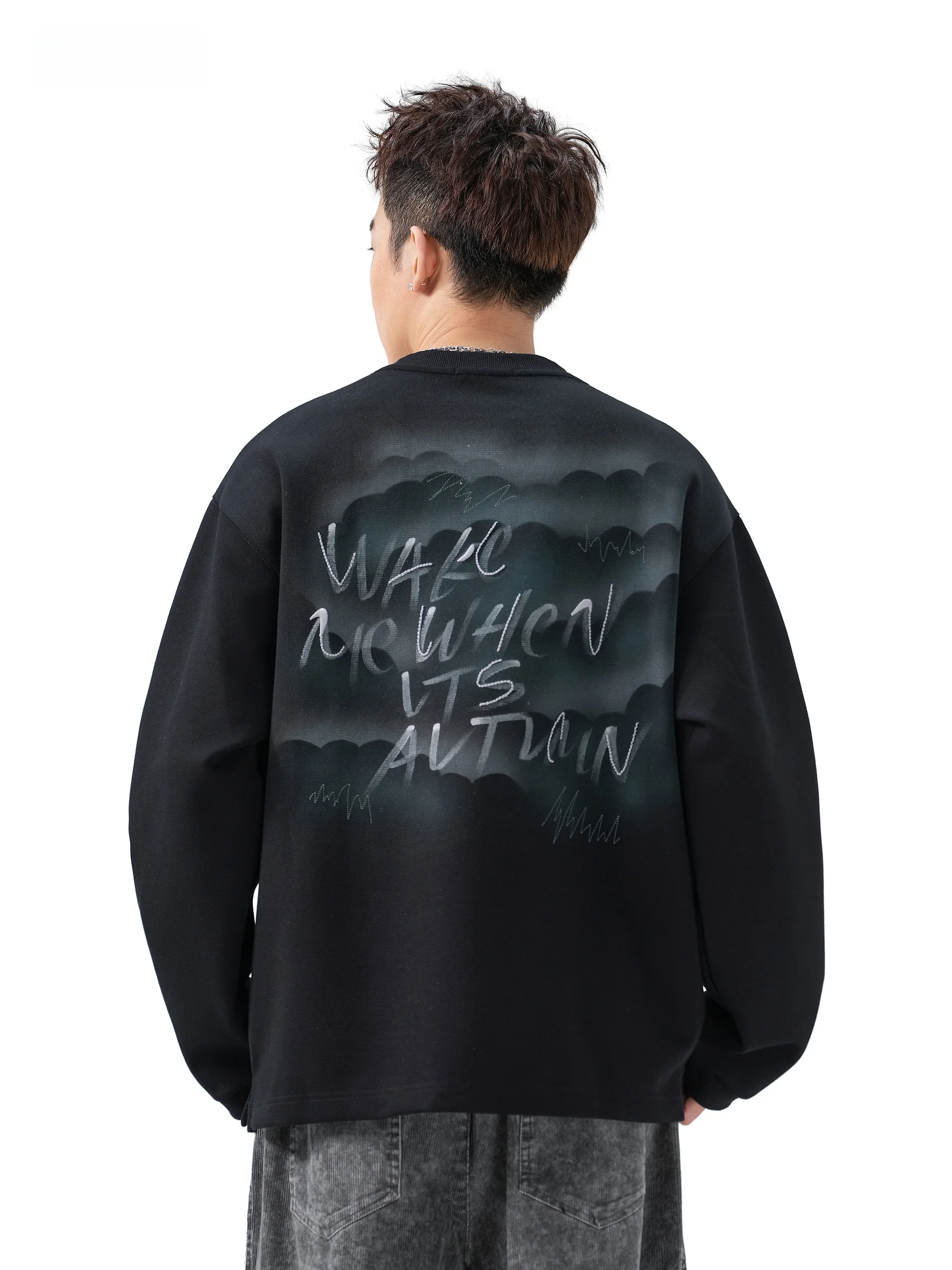 AOGZ American Letter Print Sweatshirt Loose Fit Long Sleeve Overhead Casual Lazy Style Unisex Cotton Polyester Blend Fabric