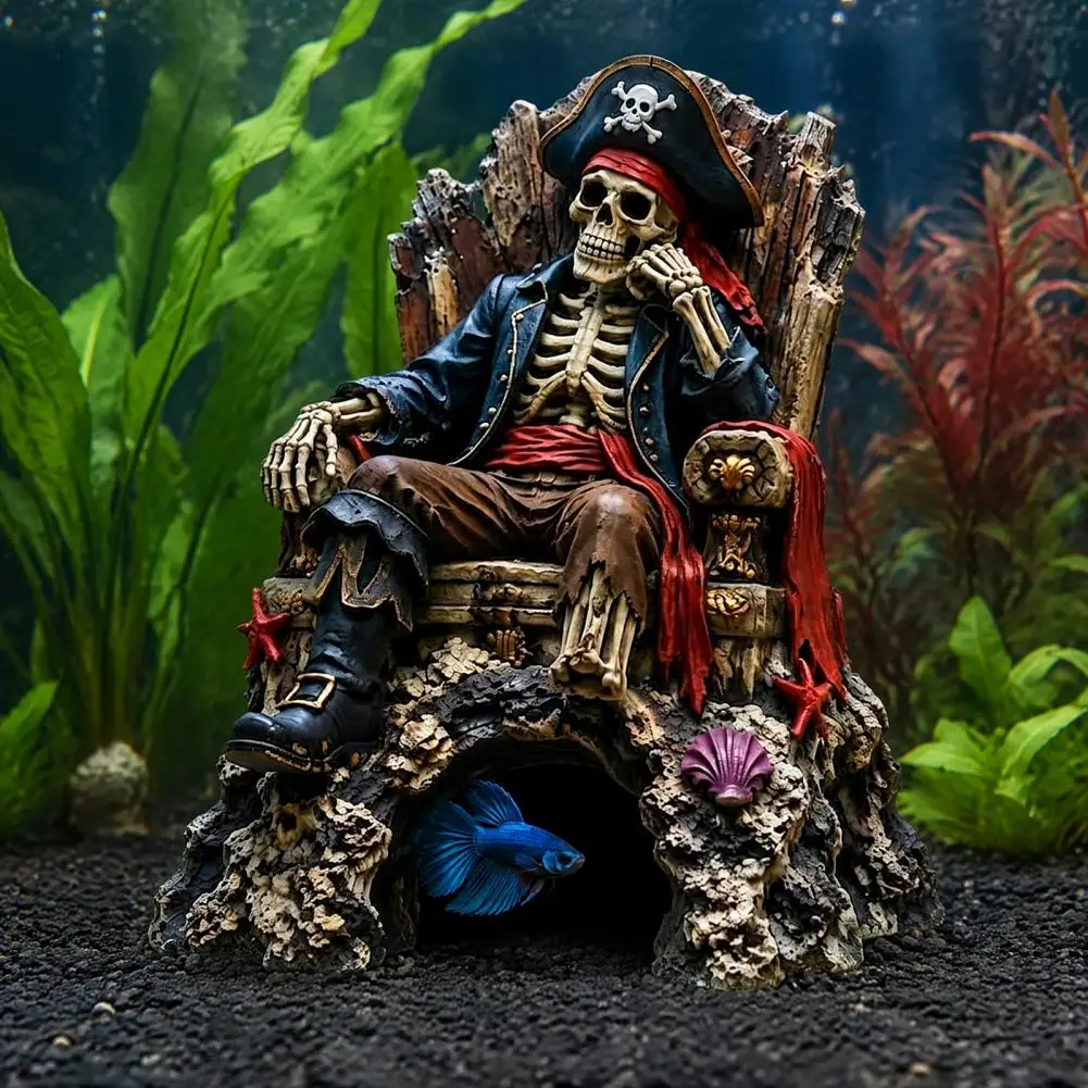 Gift for Aquarium Lovers Pirate Skeleton Throne Aquarium Ornament Resin Fish Tank Hideout Cave Realistic Skull for Freshwater