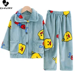 Boys Girls Autumn Winter Flannel Pajama Sets Kids Fashion Cartoon Long Sleeve Lapel Tops with Pants Baby Sleeping Clothing Sets