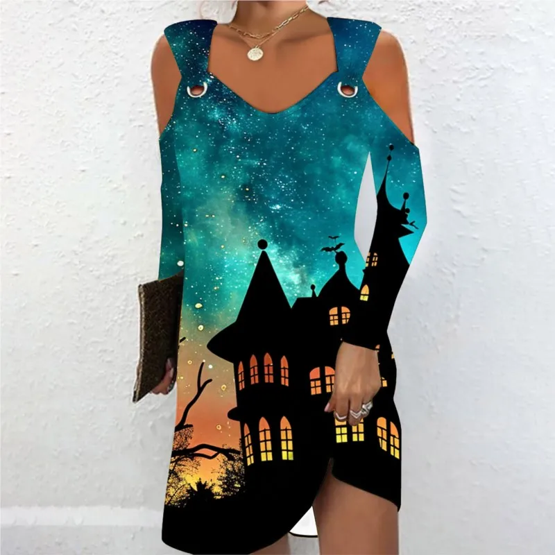 Vestidos For Women New Halloween Print Slim Off spalla moda Sexy Casual elegante Vintage Festival Dress Up Lady 2024 Summer