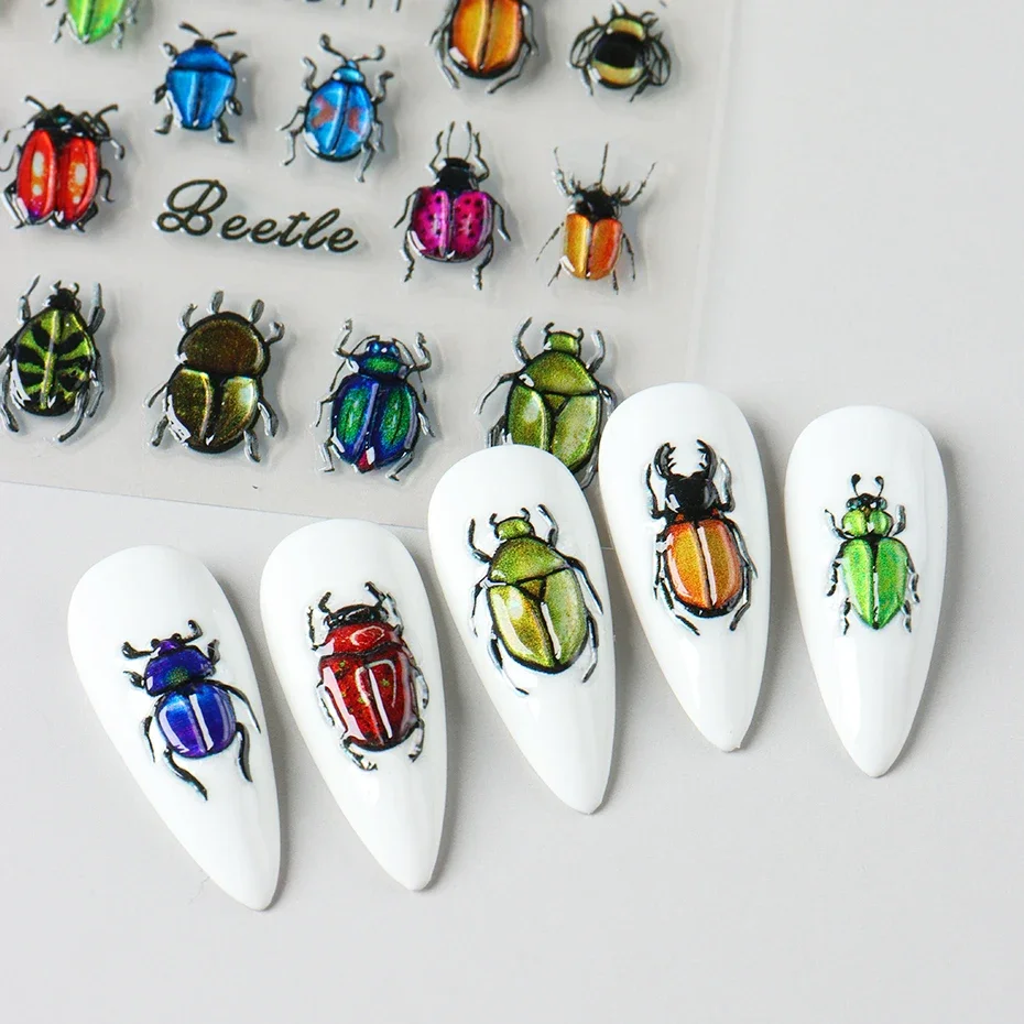 5D Beetle Bug Nail Art Sticker Decals Ladybug Glowworm Longicorn Jelly Nail Art Decorations Acrylic Adhesive Gel Slider Manicure