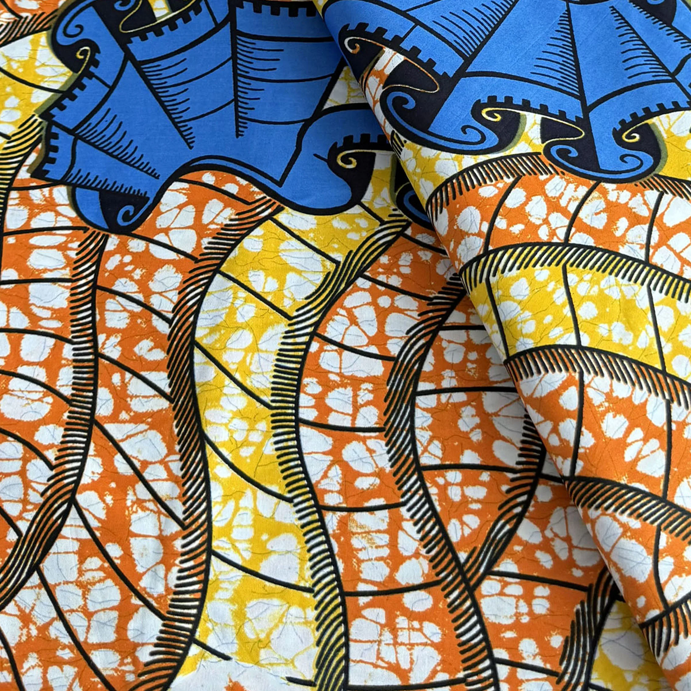 African Ankara Wax Print Fabric 6 Yards Blue Orange Yellow Geometric Wave Pattern Real Wax Pagne For Women Dress Sewing DIY