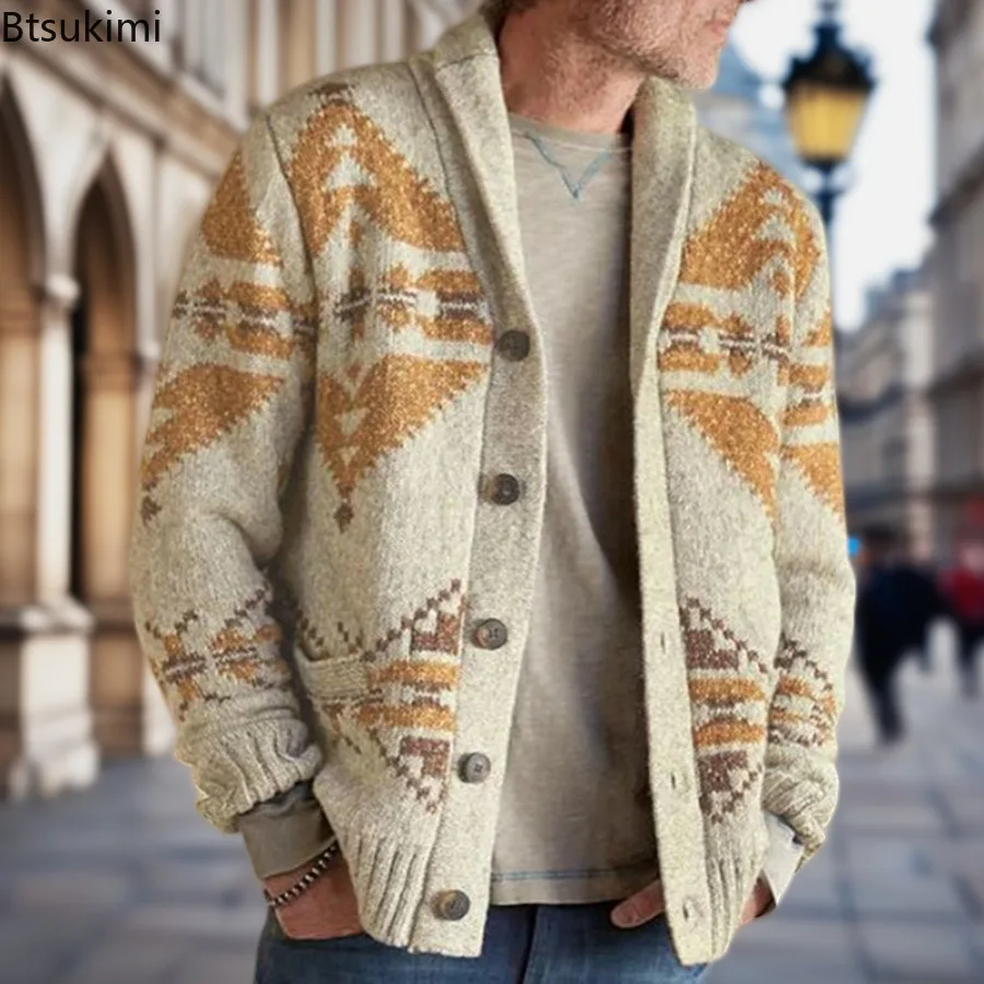 Autumn Winter Men's Clothing Retro Jacquard Knitted Sweaters Lapel Single Breasted Casual Knit Cardigans Men Thick Sweater Coats
