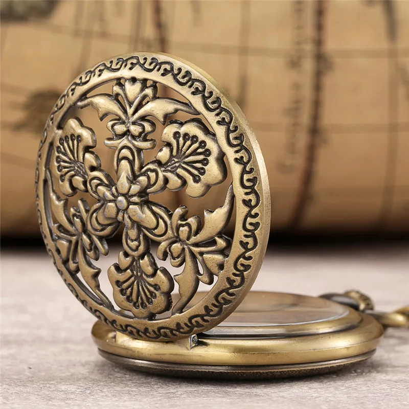 Antique Hollow Out Flower Case Men Women Quartz Analog Pocket Watch Arabic Numeral Dial Timepiece with Necklace Sweater Chain