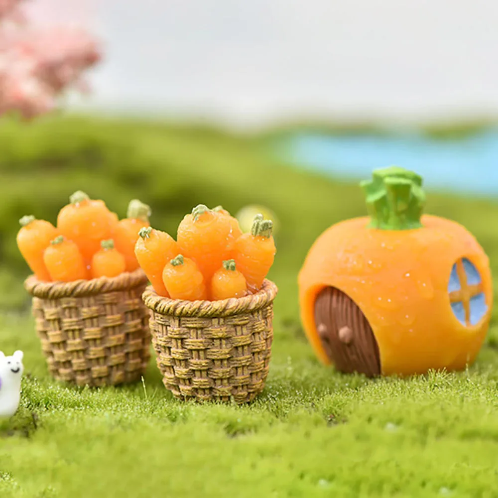 Micro Landscape Bonsai Ornament Cartoon Carrot House Mini Animal Statue Miniature Rabbit Figurine Resin Bunny Basket