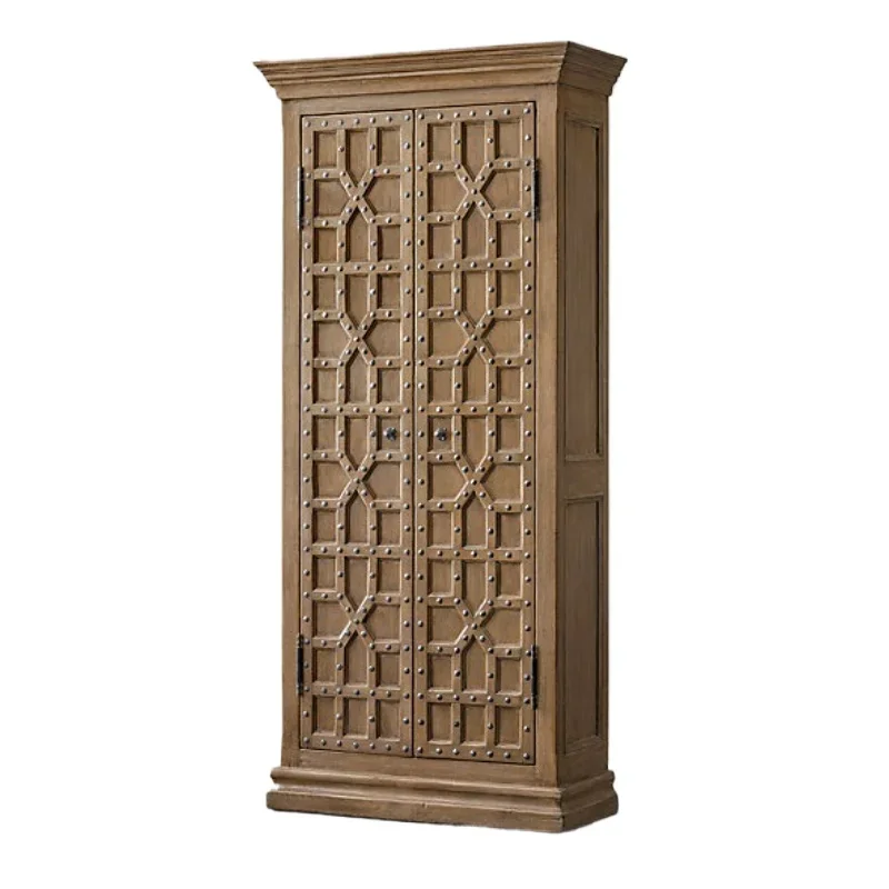

French retro solid wood wine cabinet double door rivet design American living room decorative locker antique and old dining