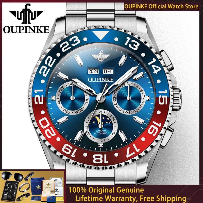OUPINKE Original Men Watch Brand All Automatic Men Mechanical Watch Multi functional Moon Phase Chronograph Top Gift Reloj 3271