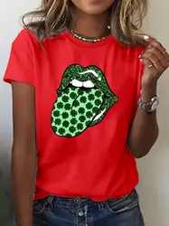 Fashionable Green Lips, Clover Tongue Tshirt Female Casual Cotton T Shirt Summer Loose Clothing Fashion Personality T Shirts