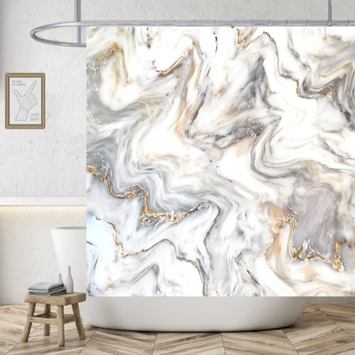 Marble Texture Luxury Bathroom Shower Curtain Modern Polyester Fabric Shower Curtain Bathtub Accessories Bath Screen with Hooks