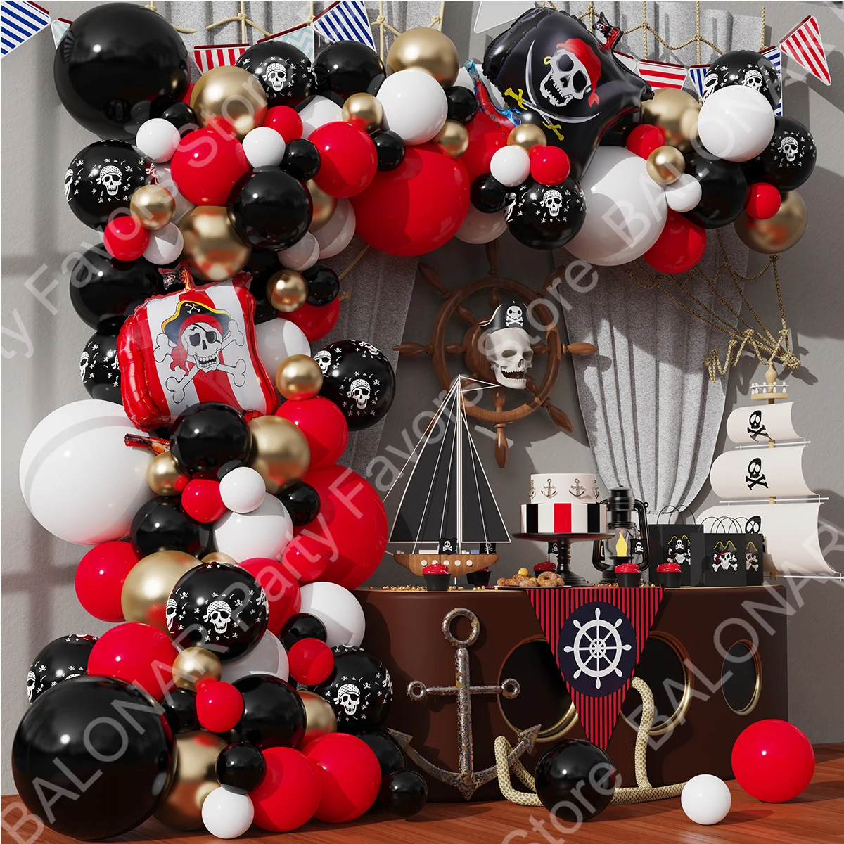 

1set Pirate Ship Halloween Theme Black Red Gold Latex Balloons Baby Shower Boy's Birthday Party Supplies Home Decorations