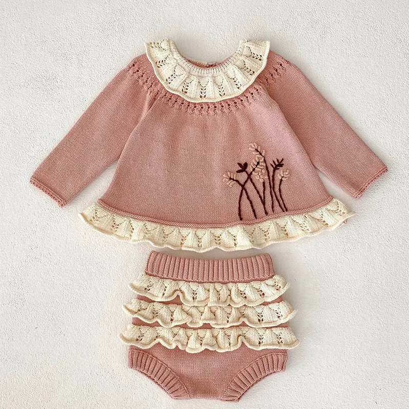 

Fashion Infant Clothes Autumn Girl Romper Baby Knitted Embroidered Sweater+Ruffled Knit Shorts Suit Sets Newborn Knitwear