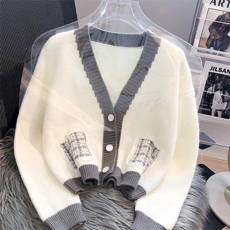 

Hsa Women Knitted Cardigan Coat Contrast Color V-Neck Long Sleeve Top 2023 New Elegant Lady Plaid Pockets Sweater Jacket Female