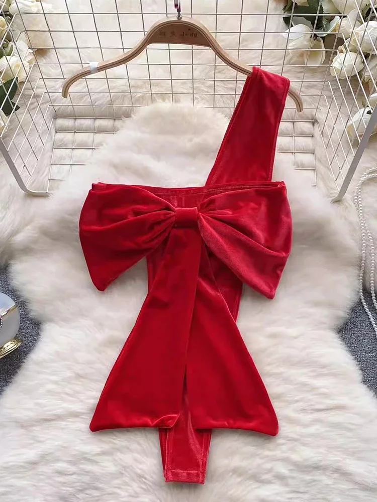 Women Christmas Velour Strappy Rompers Fashion Bow Tight One Shoulder Catsuit Sexy Solid One Piece Combination Bodysuit