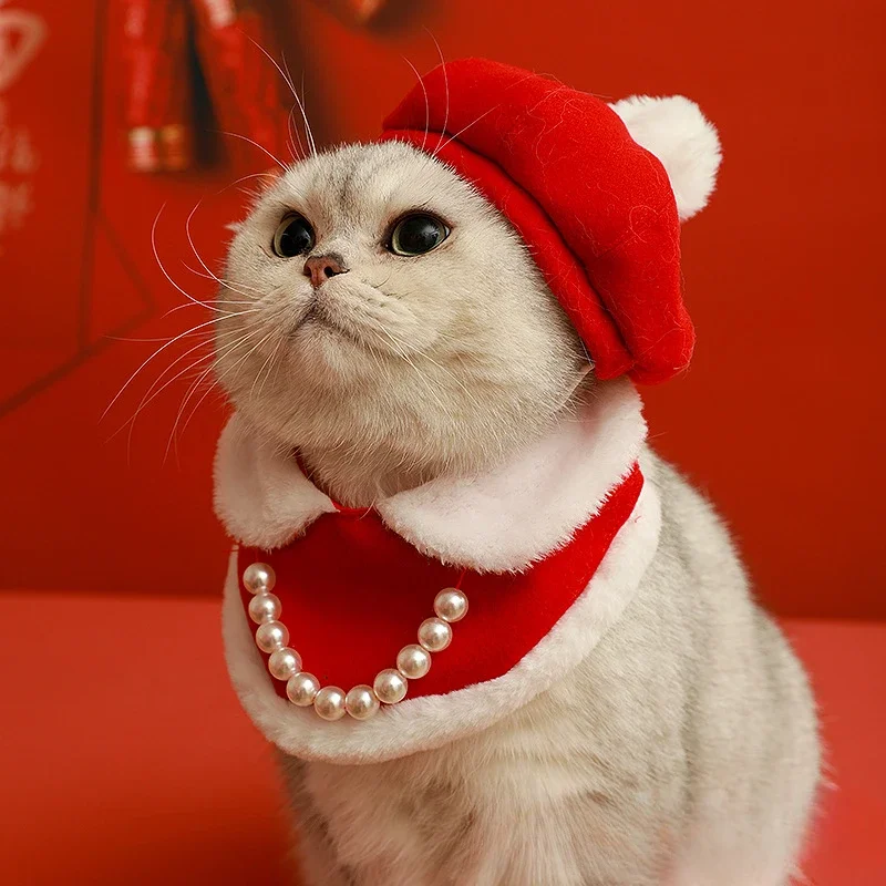 Christmas Hat Cat New Year Festive Hat Collar Bib Dog Jewelry Clothes Dress Up Pet Octagonal Hat Scarf Collar