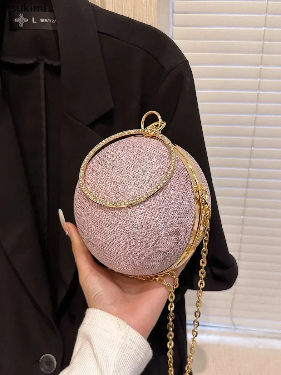 New Fashion Circular Evening Bags Elegant Wedding Party Shoulder Bags Luxury Rhinestone Decorative Chain Banquet Clutch Handbags