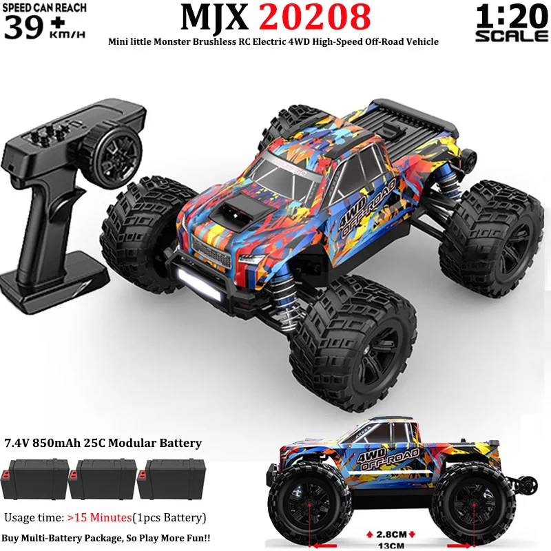 MJX 20208 Hyper Go 1/20 Monster Truck 4WD 39KM/H Brushless High Speed Simulation Large Tire Climbing off-road RC Car Toys Gift