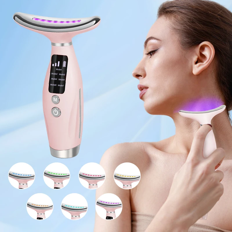 7-Farben LED-Lichttherapie Gesichts- und Hals-Schönheitsgerät mit Vibrationsmassage zur Verbesserung von Halsfalten, Gesichtsstraffungsgerät für den Heimgebrauch, 7 Modi, 3 Stufen