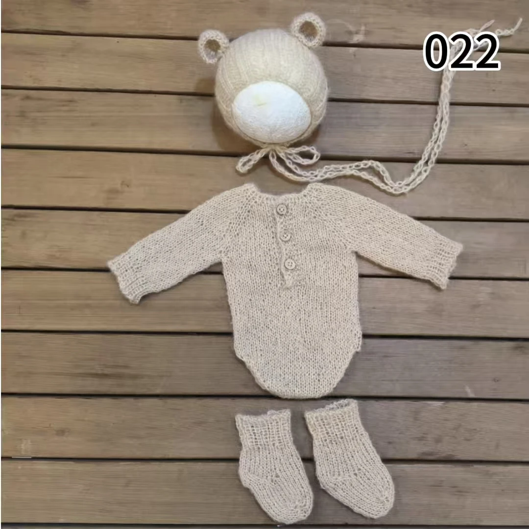

Three Piece Set of Newborn Photography Props, Hat Pants Socks Handmade Mohair Soft Multi-color