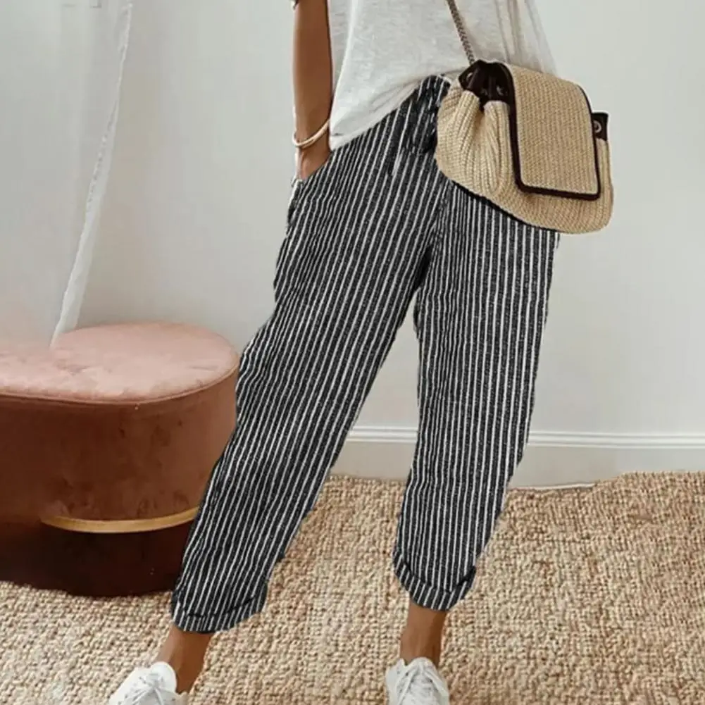 

Striped Print Pants Stylish Women's Elastic Waist Harem Pants with Pockets Vertical Striped Print Long Trousers for Office Beach