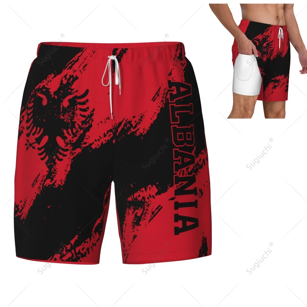 

Albania Flag 3D Mens Swimming Beach Surfing Pants Swim Shorts Trunks Compression Liner 2 in 1 Quick-Dry