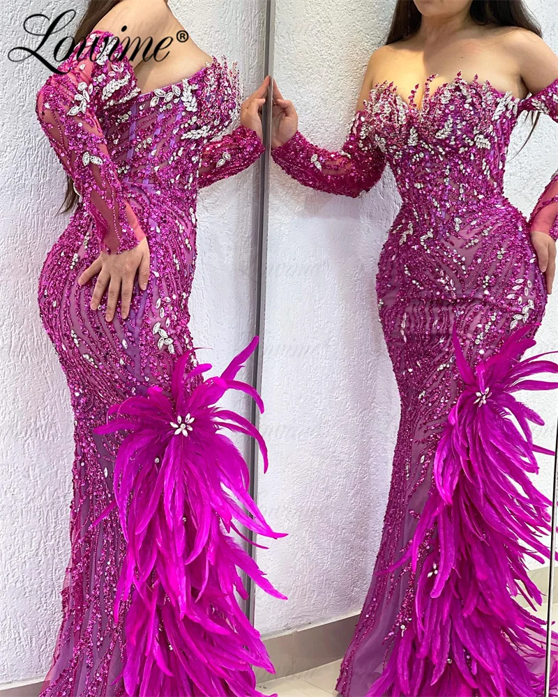 Hot Pink Sparkly Sequins Crystal Arabic Evening Dresses 2024 Custom Made Off The Shoulder Mermaid Feathers Prom Party Dress Robe