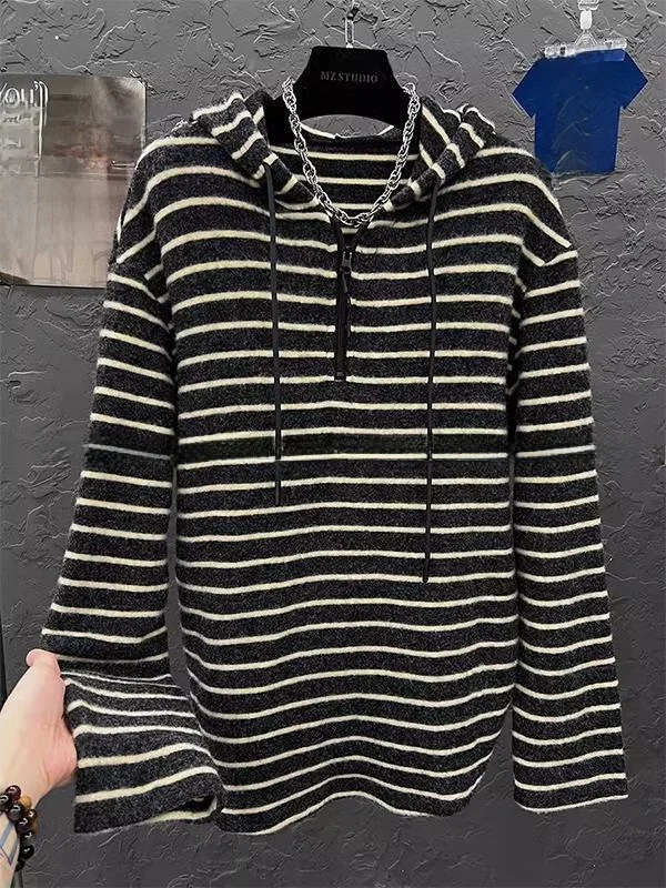 

Толстовка-худи большого размера 300 Pou, вязаная, на молнии, в полоску, свободного кроя, для весны и осени, базовый слой