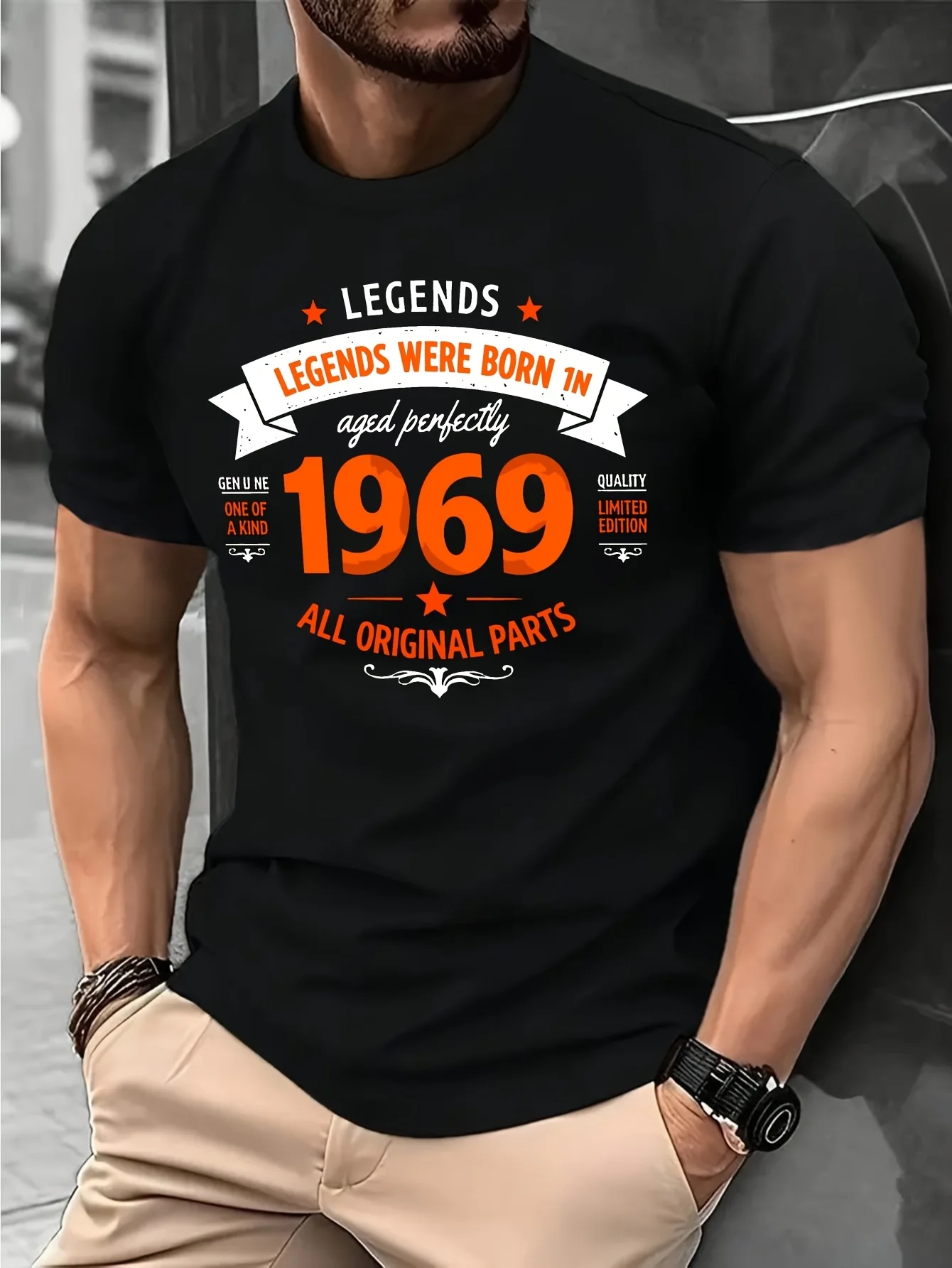 2026 Men's 1969 Graphic Tee - Black Featuring Orange And White Design, Micro-Stretch Knit Material, Fit Casual Summer Shirt, Ble