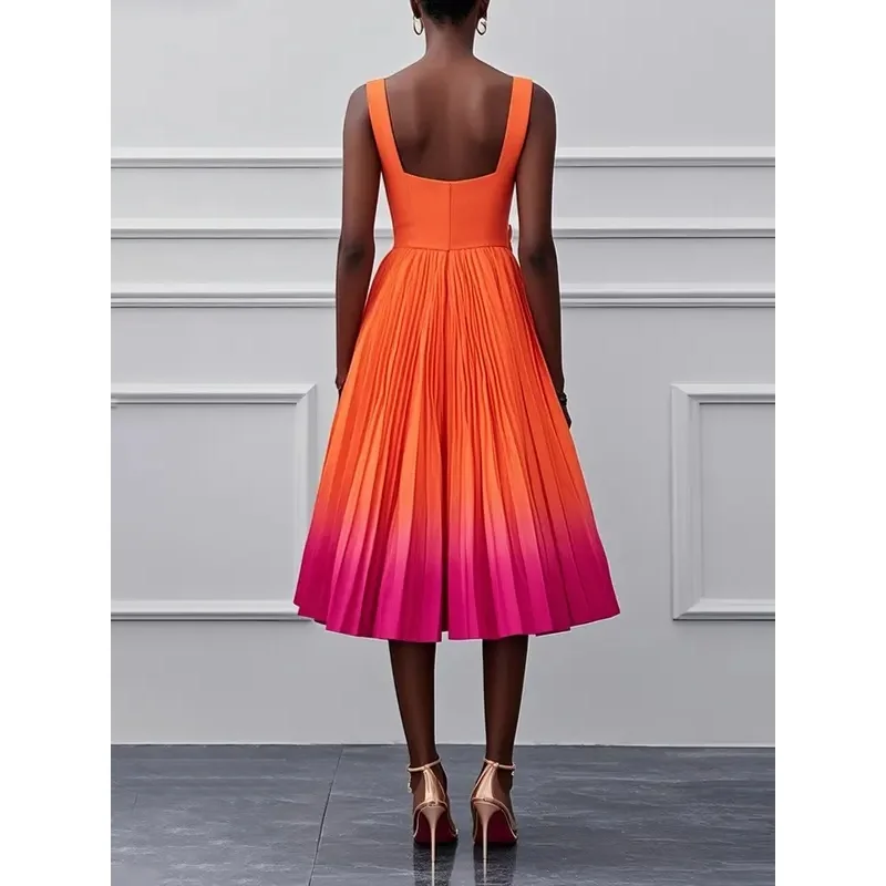 Women A Line Midi Dress Sleeveless Gradation Print High Waist Dress Elegant Casual Summer Vacation Party Dress Pleated Vestidos