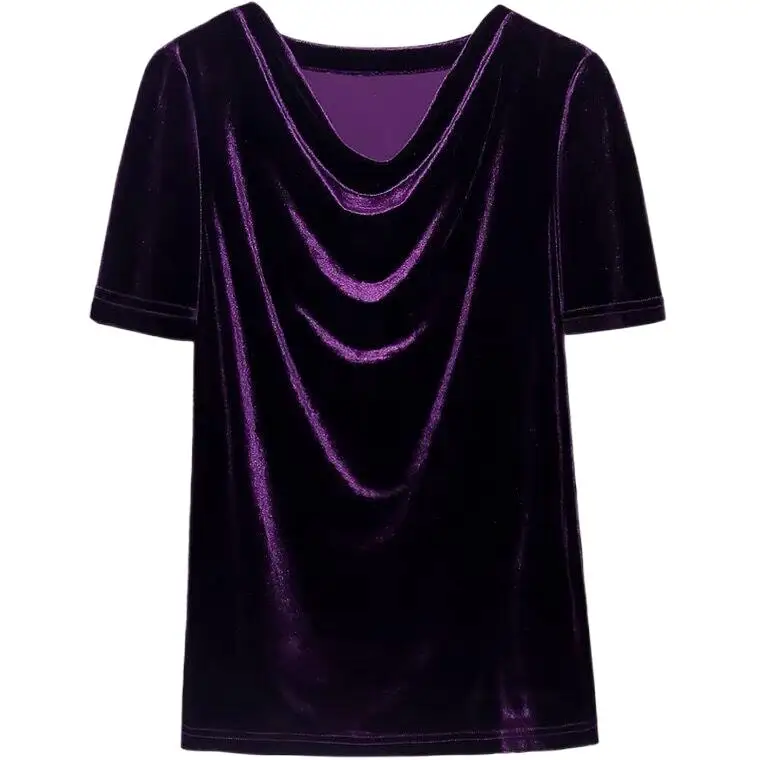 

2024 Sexy Slim women elegant velour blusas short sleeve t-shirts Spring and Summer velvet shirts tops office lady tops blouses