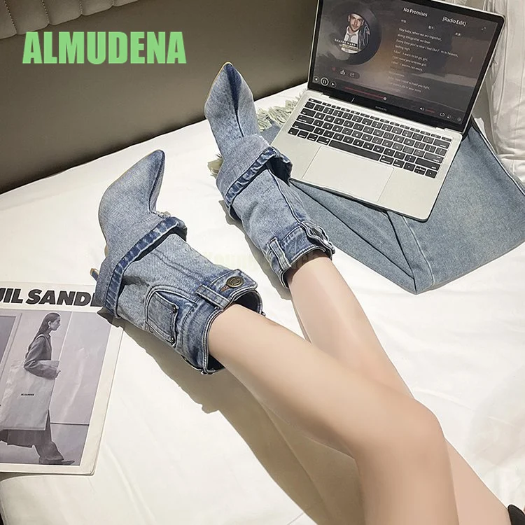 Sharp Pointed High-Heeled Fashion Boots New Washed Denim Design Short Tube Fashionable Pleated Pants High-Heeled Shoes