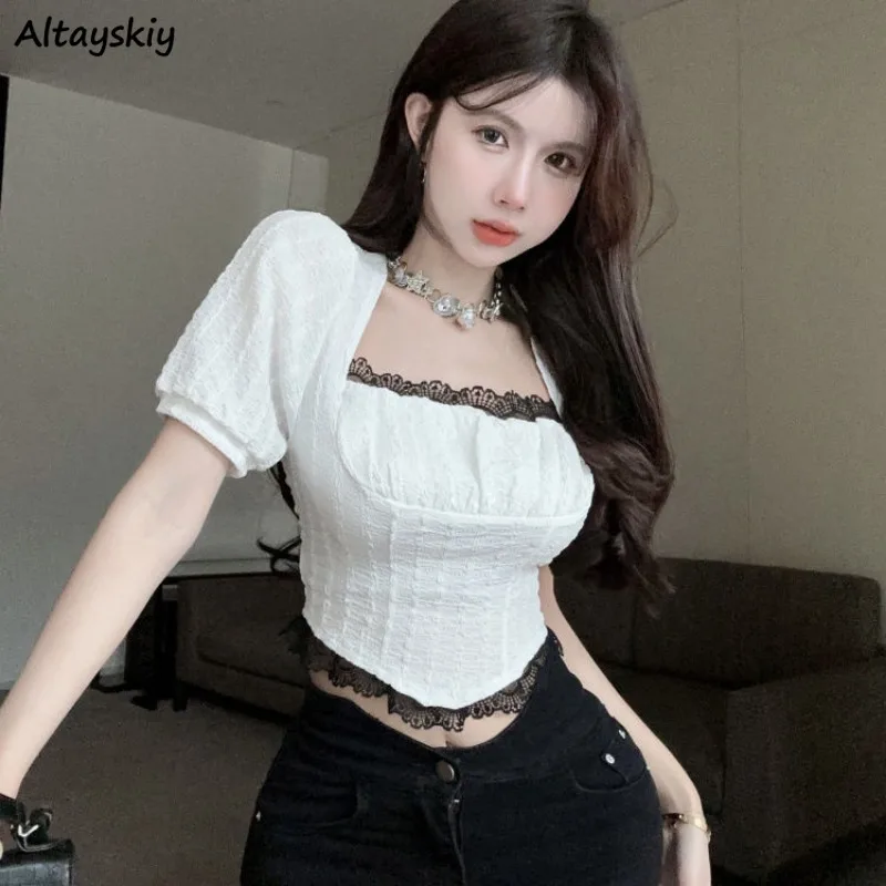 Blouses Women Summer Square Collar Puff Sleeve Korean Style Cropped Tops Lace Patchwork Slim Sexy Hotsweet Streetwear Ulzzang BF