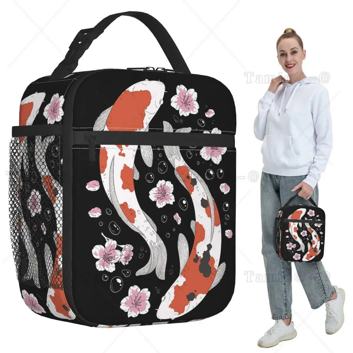 Koi Fish And Flowers Sakura Insulated Lunch Bag for Kids School Cooler Thermal Food Box Tote Leakproof Lunch Boxes Container