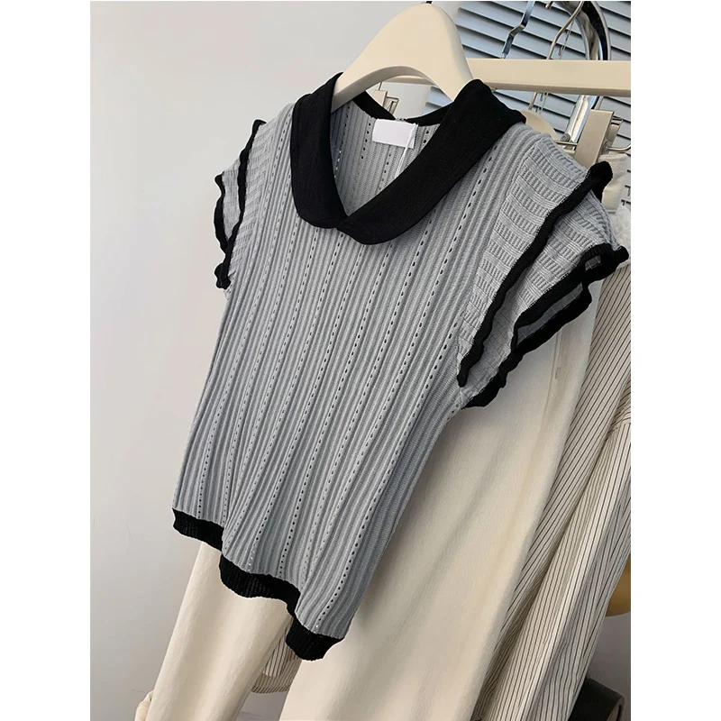 Summer Casual All-match Patchwork Turn-down Collar Short Sleeve T-Shirts Female Sweet Screw Thread Hollow Out Ruffles Top Tee