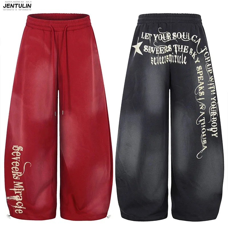 

Ретро-спортивные брюки с градиентным принтом и надписями, свободные, широкие штанины, на шнурке, с завязками на щиколотках, модные повседневные брюки в уличном стиле от трендового бренда